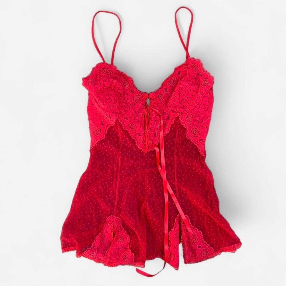 S.G. For Escante Vintage Red Mesh Polka Dot Lace Floral Mini Slip Dress